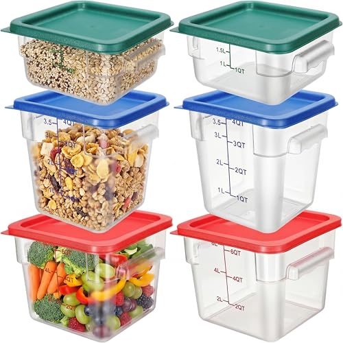 Lallisa 6 Pcs Food Storage Containers with Lids, Clear Square Food Containers with Handles Polycarbonate Restaurant Container Commercial Cereal Storage Set for Kitchen, 2, 4 and 6 Qt(Blue, Red, Green) - color: Blue, Red, Green
