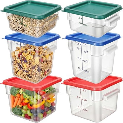 Lallisa 6 Pcs Food Storage Containers with Lids, Clear Square Food Containers with Handles Polycarbonate Restaurant Container Commercial Cereal Storage Set for Kitchen, 2, 4 and 6 Qt(Blue, Red, Green) - color: Blue, Red, Green