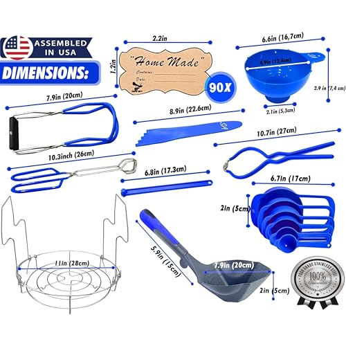 Supa Ant Blue Canning Supplies Starter Kit-10 pc Canner Accessories with Canning Rack for Jars, XL Ladle, Wide Mouth Jar Funnel, Jar Lifter & Wrench, Bubble Popper/Measurer, Lid Lifter, Kitchen Tongs - color: Blue