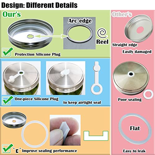 laffeya Stainless Steel Fermentation Lids for Wide Mouth Mason Jars, 4 Set | 4 Ferment Lid+Fermenting airlock+Grommet+Rings, for Sauerkraut, Pickle, Kimchi, Hot sauce. Fits 3.38in wide-mouth (Jars excl)