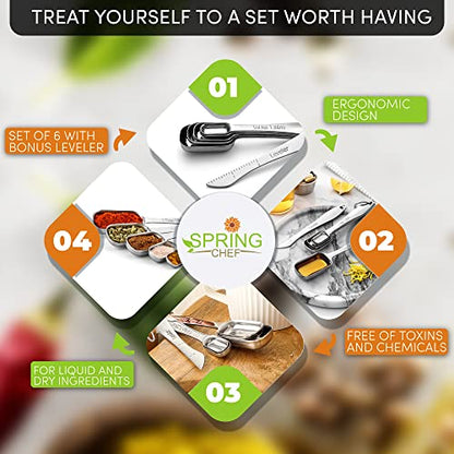 Spring Chef Stainless Steel Measuring Spoons Set of 6 with Leveler, Rectangular Metal Teaspoon & Tablespoon Measuring Spoons for Dry & Liquid Ingredients - Nesting Kitchen Gadgets For Baking & Cooking - style: Spoons - Set of 6
