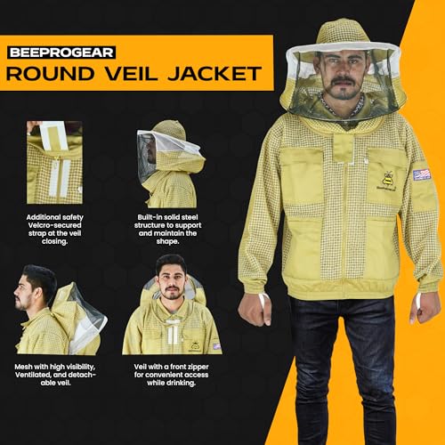 3-Layer Ventilated Mesh Bee Jacket for Men & Women with Veils Sting-Proof Beekeeping Jacket with Leather Gloves & Bag