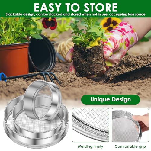 3Pcs Stainless Steel Garden Soil Sieve, 9.8" 7.9" 5.9" Stackable Soil Sifter Set,Gardening Soil Sifters Practical, Compost Sifter Compact Rock Sifter for Gardening