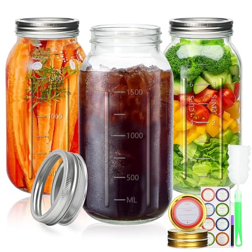64 oz Wide Mouth Mason Jars, Large Half Gallon Mason Jar with Lid and Band, 2 Quart Glass Canning Jars for Pickling, Preserving, Fermenting, Beverages, DIY Crafts, 3 Pack