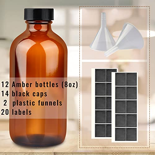 PINIWON 12 Pack 8 oz Amber Glass Bottles, 240ml Boston Round Sample Bottles with Black Poly Cone Caps, Labels and Funnels - color: Amber-12 pack