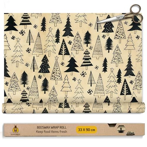 SUPERBEE Reusable Beeswax Wraps for Food – XL Beeswax Wrap Roll (35x13"), Bees Wrap Paper for Wrapping Cheese, Veggies, Sandwiches & Bowl Covers, Festive Holiday Print, Sustainable Gift Idea - color: Christmas Trees