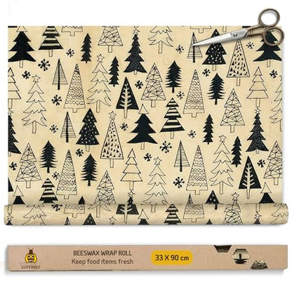 SUPERBEE Reusable Beeswax Wraps for Food – XL Beeswax Wrap Roll (35x13"), Bees Wrap Paper for Wrapping Cheese, Veggies, Sandwiches & Bowl Covers, Festive Holiday Print, Sustainable Gift Idea - color: Christmas Trees