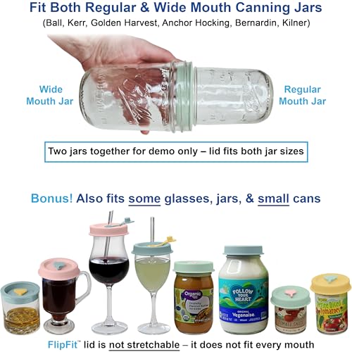 ORIGINAL CREATOR - FlipFit™ Silicone Mason Jar Lids with Straw Hole - Dual-Fit Regular Mouth & Wide Mouth Mason Jars Ball, Kerr, Mainstays - Drinking Lids with Straw Hole - Plastic-Free
