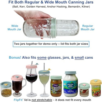 ORIGINAL CREATOR - FlipFit™ Silicone Mason Jar Lids with Straw Hole - Dual-Fit Regular Mouth & Wide Mouth Mason Jars Ball, Kerr, Mainstays - Drinking Lids with Straw Hole - Plastic-Free