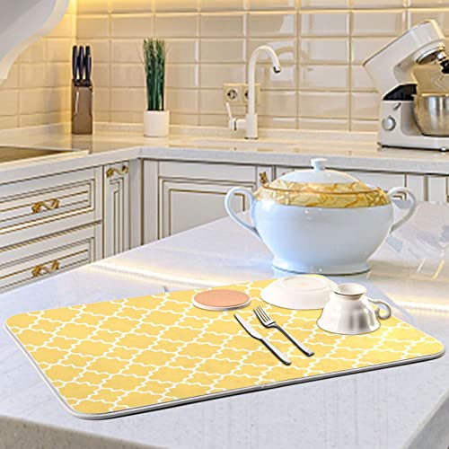 Super Absorbent Dish Drying Mat, Microfiber Fast-Drying Dish Mat, 16" x 18", Kitchen Dish Drying Pad, Quatrefoil Lattice Yellow Pattern - color: Quatrefoil Lattice Yellow Pattern, size: 16" x 18"