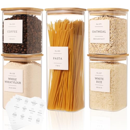 5 Pack Square Glass Pantry Storage Containers with 132 Kitchen Food Pantry Labels - Clear Glass Pantry Jars with Airtight Wood Bamboo Lids - Glass Canisters for Pasta, Cereal, Coffee, Flour, Sugar - size: 5pack
