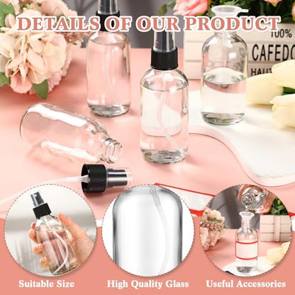 Fumete 2 Pack Glass Bottles 4oz Empty Refillable Liquid Containers with 1 Label 1 Funnel for Essential Oils Hair Travel Plants Cleaning Skin Care(Clear, Black Top,Mist Bottle) - color: Clear, Black Top, style: Mist Bottle