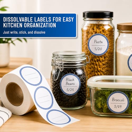Water Soluble Labels for Food Containers – Dissolvable Kitchen Labels – No Sticky Residue – 2" Diameter, Two-Line Writable Surface, 200 Labels Per Roll (Blue) - color: Blue