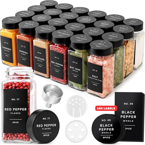 EDELHAUS Glass Spice Jars with Label, Seasoning Set, 24x Black Steel Lids | Airtight lids keep spices fresh; use as a spice organizer, seasoning containers or 4 oz jar set; funnel, brush & 240 labels - color: Black Stainless Steel Lid
