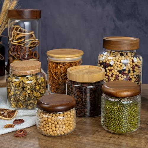 1PC Small Glass Storage Jars with Airtight Lids, 18 fl oz (550ml) Cute Clear Glass Storage container with bamboo Lid, Glass Pantry Canister for Beans, Rice, Sugar, Cookie Coffee and etc - color: N-Clear-1PC-18FL OZ/550ML