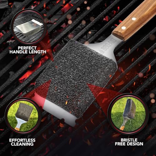 Bristle Free Grill Brush Cleaner and Scraper for Barbecue, Replaceable Head | Bristle-Free Grill Brush with Replaceable Head & Acacia Wood Handle. Heavy-Duty Scraper, No-Scratch BBQ Grate Cleaning. - color: Wood