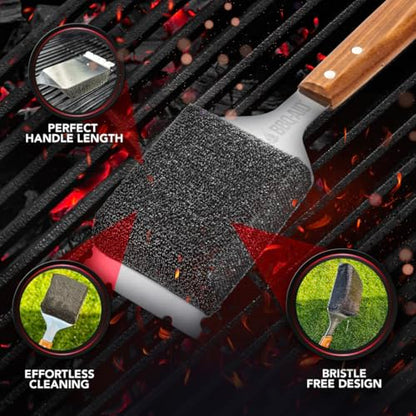 Bristle Free Grill Brush Cleaner and Scraper for Barbecue, Replaceable Head | Bristle-Free Grill Brush with Replaceable Head & Acacia Wood Handle. Heavy-Duty Scraper, No-Scratch BBQ Grate Cleaning. - color: Wood