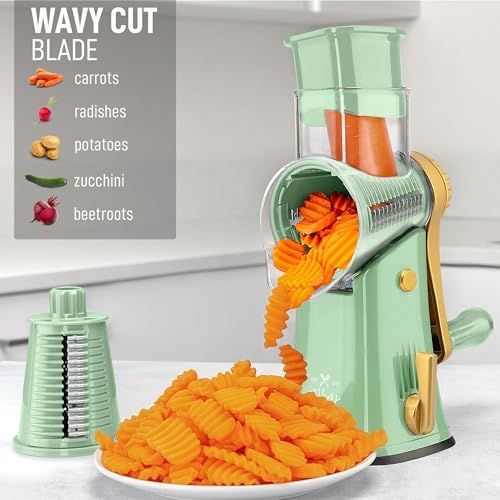Zulay Kitchen Rotary Cheese Grater 5 Blade Cheese Shredder - Manual Hand Crank Cheese Grater With Reinforced Suction & 5 Interchangeable Drums - Easy to Use, Vegetable Chopper Round Mandoline Slicer - color: Sea Foam & Gold