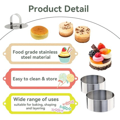 Uncle Jack 8 Pieces Round Cake Ring Molds, Cake Ring Mold Set, with Pusher, for Kitchen Tools, Baking Pastry (Include 4Pcs 3.14inch rings + 4Pcs 2.36inch Rings and 2 Pushers) - size: Round 4 PCS 3 1/8" + 4 PCS 2 3/8"