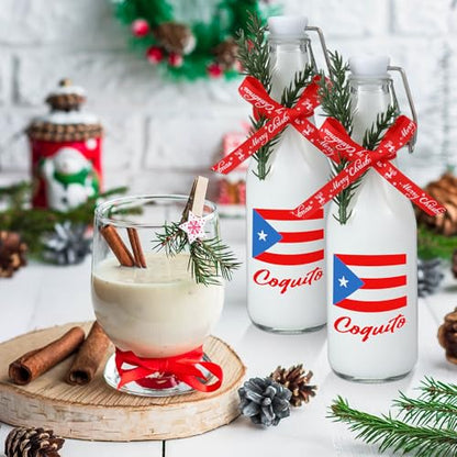 Sieral 12 Pack Christmas Puerto Rico Coquito Swing Top Glass Bottle 8oz Clear Flip Top Beer Brewing Bottles with Ribbon and Artificial Branches for Liquids Wine Christmas Xmas Gifts - style: Puerto Rico