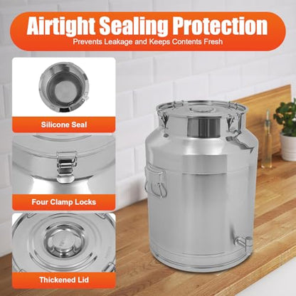 Stainless Steel Milk Can, 64L/16.9Gal Metal Drink Dispenser Airtight Canister with Faucet & Lid, Wine Oil Beverage Storage Container Bucket for Kitchen Restaurant Party, W15.8*H21.3in - size: 64L/16.9Gal w/Faucet