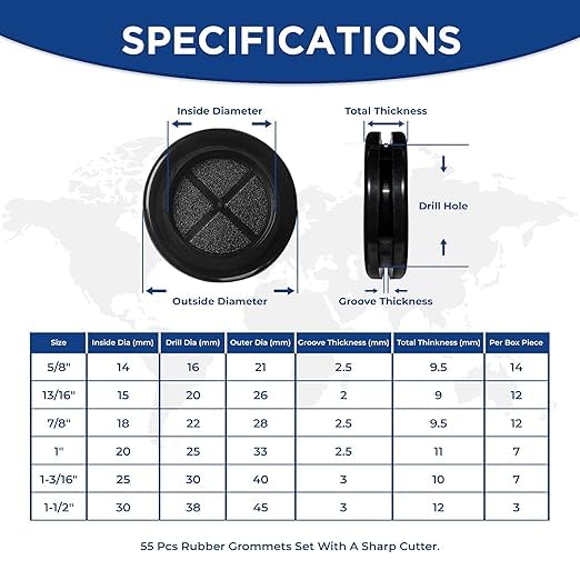 55Pcs Double-Sided Rubber Grommets kit in 6 Assorted Sizes 5/8",13/16",7/8",1",1-3/16",1-1/2"- Round & Waterproof Rubber Grommet - Ideal Solution for Wire Protection - size: 6 Sizes-55pcs