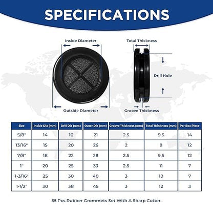 55Pcs Double-Sided Rubber Grommets kit in 6 Assorted Sizes 5/8",13/16",7/8",1",1-3/16",1-1/2"- Round & Waterproof Rubber Grommet - Ideal Solution for Wire Protection - size: 6 Sizes-55pcs