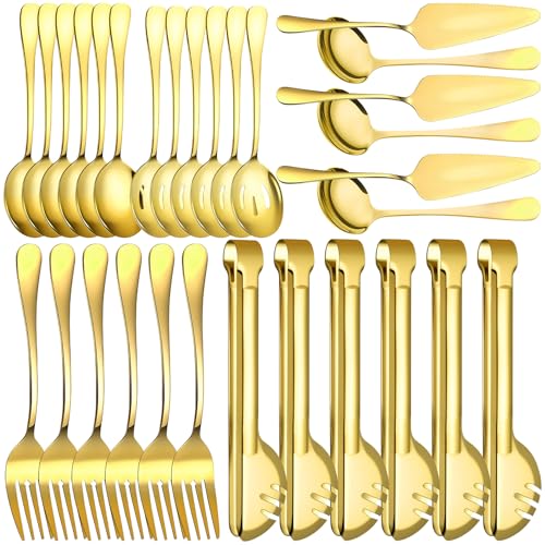 30 Pcs Gold Serving Utensils Set Include Stainless Steel Large Serving Spoons Slotted Spoons Forks Soup Ladle Pie Server - Metal Utensils for Parties Buffet Catering, Dishwasher Safe - color: Gold, size: 30 PCS