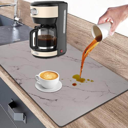 Dish Drying Mats for Kitchen Counter, 24"x16" Absorbent Coffee Bar Mat, Quick Dry Dish Rack Pad with Rubber Backed Non-Slip Marble Pattern Kitchen Counter Dish Draining Mat Easy to Clean (Gray) - color: Gray