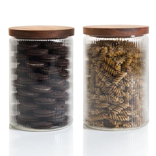 Mason & Fable Ribbed Glass Jar with Wooden Lid 70fl.oz- Set of 2 | Airtight Fluted Storage Container for Cookies, Pasta, Coffee, Dog Treats, Snacks | Organization Canisters for Home & Kitchen - color: 70fl.oz/ 2.1L-2x
