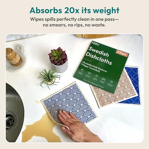 FEBU Swedish Dishcloths for Kitchen | 5 Pack Stamps Reusable Paper Towels Washable | Swedish Dish Towels | Non-Scratch Cellulose Sponge Cloths | No Odor, Biodegradable Cleaning Cloths - color: Stamps