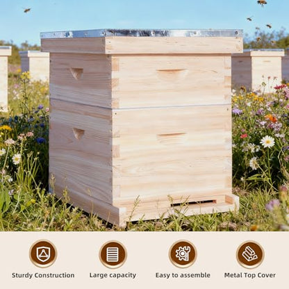 POLLIBEE 10 Frame Langstroth Beehives,Bee Keeping Starter Kit Includes 1 Deep Box & 1 Medium Box with Beehive Frames and Foundations,Complete Beehive Kit for Beekeeper - size: 1 Super+1 Deep