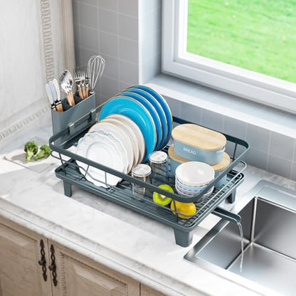 Urackify Dish Drying Rack for Kitchen Counter, Sink Dish Rack with Drainboard, Large Dish Drainer with Cups Holder, Home Countertop Plate Dryer Storage Rack with Cutlery Holder, Blue - color: Blue