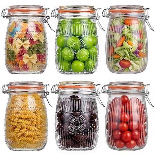 32oz Mason Jars with Airtight Lid, 6Pcs Food Storage Containers, Mixed | Wide Mouth Glass Jar for Grains, Nuts, Noodles, Coffee Beans, Snacks, Fruits