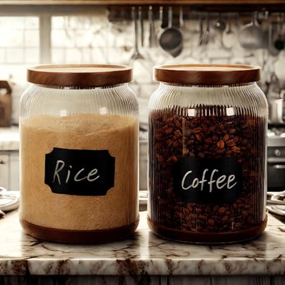 SAIOOL 2-Pack Striped Borosilicate Glass Airtight Canisters - Big mouth Large Capacity, Acacia Wood Lid, Food Storage Jars for Flour, Pasta, Pantry Organization (3/4 Gallon （2 Striped pack）) - size: 3/4 Gallon (Striped 2 pack)