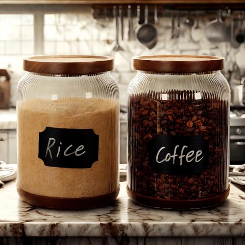 SAIOOL 2-Pack Striped Borosilicate Glass Airtight Canisters - Big mouth Large Capacity, Acacia Wood Lid, Food Storage Jars for Flour, Pasta, Pantry Organization (3/4 Gallon （2 Striped pack）) - size: 3/4 Gallon (Striped 2 pack)