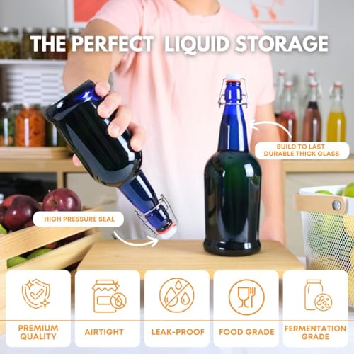 FastRack 33 oz Blue Swing Top Glass Bottles – 2 Pack | Flip Top Airtight Bottles (Not Olive Oil Style) | Reusable Bottles for Kombucha, Beer, Soda, Mead & Fermentation - color: Blue