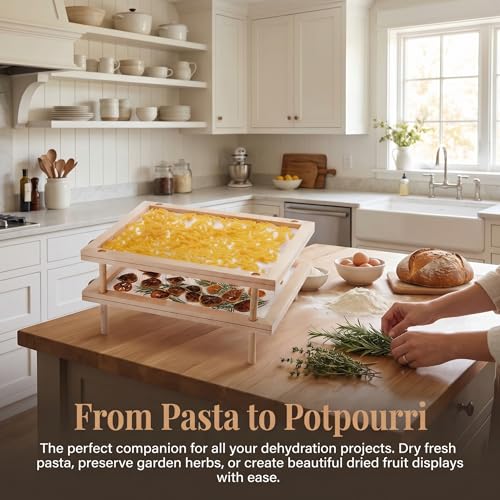 Cedilis Set of 2 Stackable Wood Pasta Herb Drying Rack, Food Dryer Stand with Net for Drying Seeds, Herb, Bud