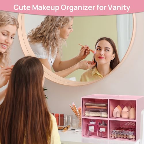 Vtopmart 4 Pack Small Clear Stackable Storage Drawers, Acrylic Bathroom Makeup Organizer, Plastic Storage Bins for Vanity, Undersink, Kitchen Cabinets, Pantry, Home Organization,Pink - style: 4pack-Pink