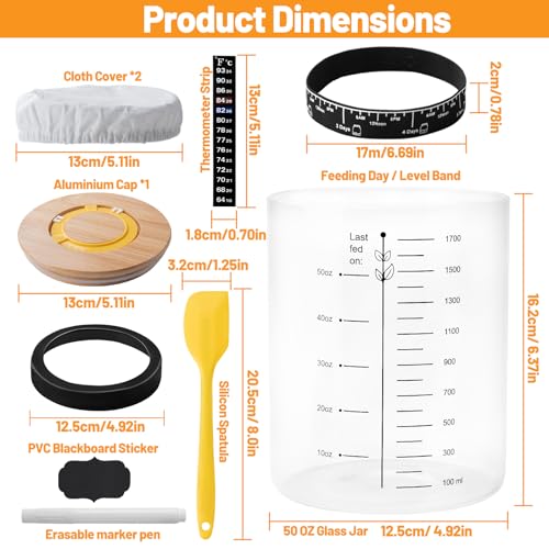 50oz Sourdough Starter Jar, Large Glass Sourdough Starter Jar Wide Mouth with Wooden Lid, Feeding Tracker and Spatula, Sourdough Starter Jar Kit for Bread Baking
