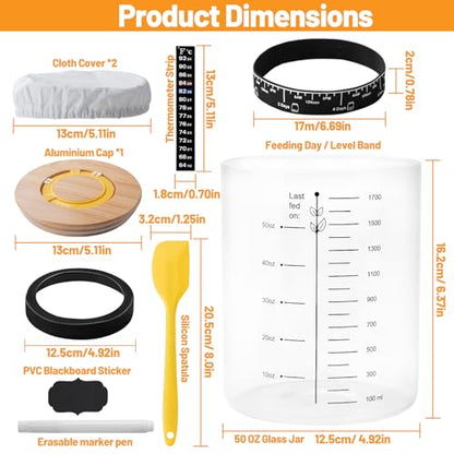 50oz Sourdough Starter Jar, Large Glass Sourdough Starter Jar Wide Mouth with Wooden Lid, Feeding Tracker and Spatula, Sourdough Starter Jar Kit for Bread Baking