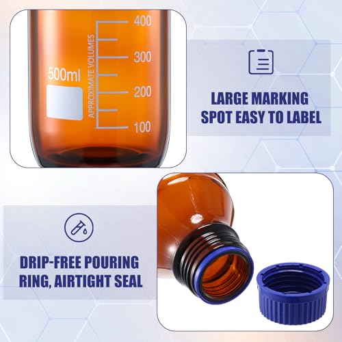 Tellegloww 6 Pieces 500 ml Reagent Media Bottles Amber Glass Graduated Round Lab Reagent Media/storage Bottle with Blue Screw Cap - size: 500 ml