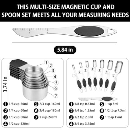 Magnetic Measuring Cups and Spoons Set, 7 Stainless Steel Measuring Cups and 7 Rectangular Metal Teaspoon with 1 Leveler for Cooking & Baking (Black) - color: Black