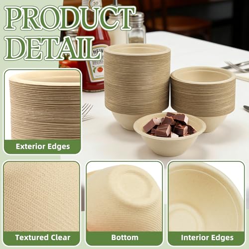LeonBach 150 Pack 6oz Natural Bagasse Fiber Bowls, Small Disposable Paper Bowls Microwavable Safe Sample Snack Cups Charcuterie Serving Cups for Sauce Portion Condiment Ice Cream Desserts - color: Brown, style: 6oz-150 Pack