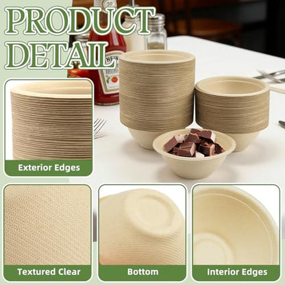 LeonBach 150 Pack 6oz Natural Bagasse Fiber Bowls, Small Disposable Paper Bowls Microwavable Safe Sample Snack Cups Charcuterie Serving Cups for Sauce Portion Condiment Ice Cream Desserts - color: Brown, style: 6oz-150 Pack