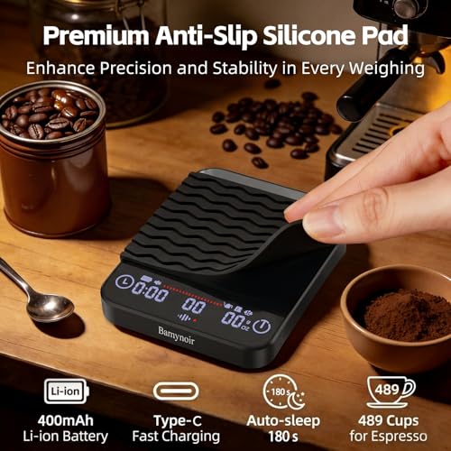 Mini Coffee Scale with Timer,Rechargeable Espresso Scale & Flow Rate Indicator, 2kg/0.1g, Auto Tare, LED Display, for Pour Over, Drip Coffee, Espresso, Silicone Cover(Black)