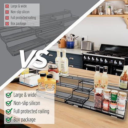 3 Tier Wide Expandable Cabinet Spice Rack Organizer (14.5" to 29.1") - Step Shelf with Protection Railing, Black | Wide, deep expandable spice rack for large spice jars, seasoning bottles, cans, and pantry organization. - color: Large & Wide