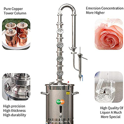 YUEWO 110V Electric 304 Stainless Steel Alcohol Distiller Flute Reflux Column Still with Sight Glasses Wine Making Kit for DIY Whisky Wine Brandy Gin - size: 30Liters/8Gal