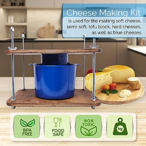 Wooden Cheese Press for Cheese Making Supplies 12in Plywood 1/2in Thick Metal Guides and Cheese Mold with Follower Piston 1/2 Gal - Home Supply Ultimate Cheese Press Machine - Prensa Para Queso Casero