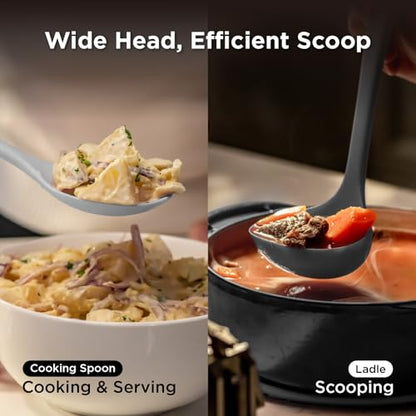 Kitchen Mama DuoEssentials Ladle & Cooking Spoon Set, Metal Gray | Silicone, Heat Resistant, One-Piece Design, For Nonstick Cookware, For Soup, Stirring, Serving & Sauteing - color: Metal Gray